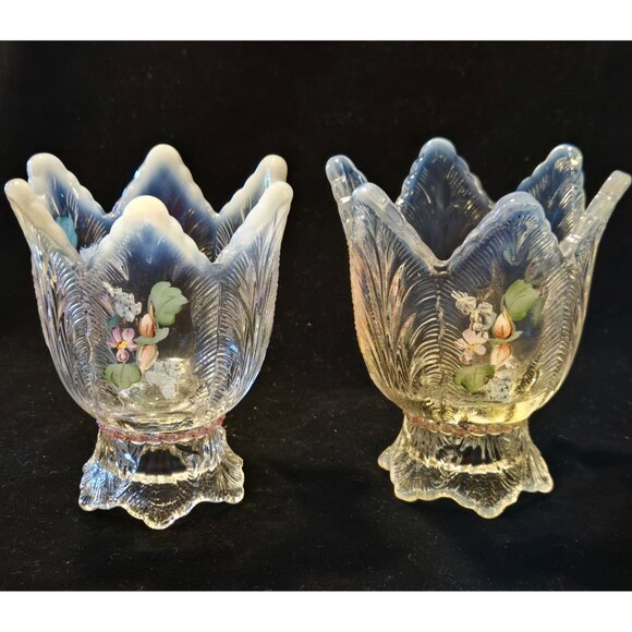 Vintage Hand-Painted Clear Glass Tulip-Style Candle Holders With Floral Design - Picture 7 of 10